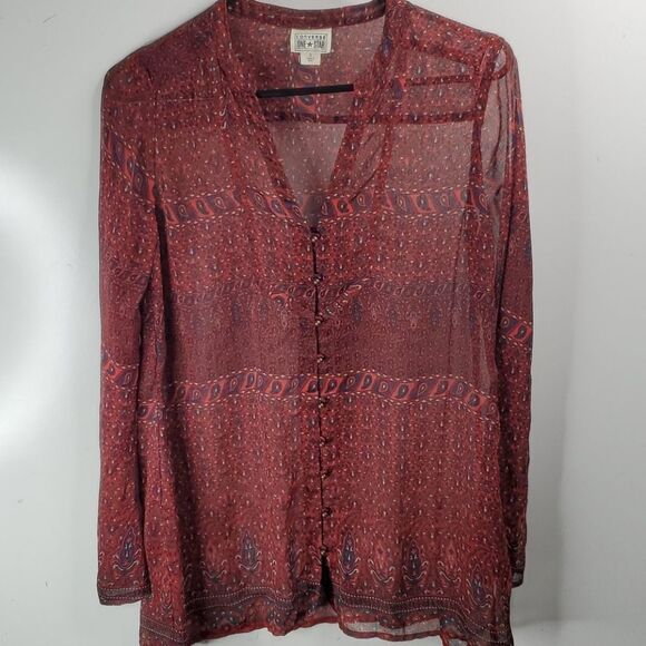 S CONVERSE oversized SEMI SHEER PRINTED BOHO maroon red TUNIC TOP small - Picture 9 of 9